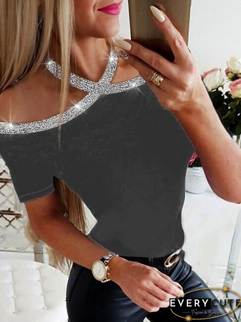 Women's T shirt Solid Colored Round Neck Tops Basic Top Black Wine Royal Blue-830