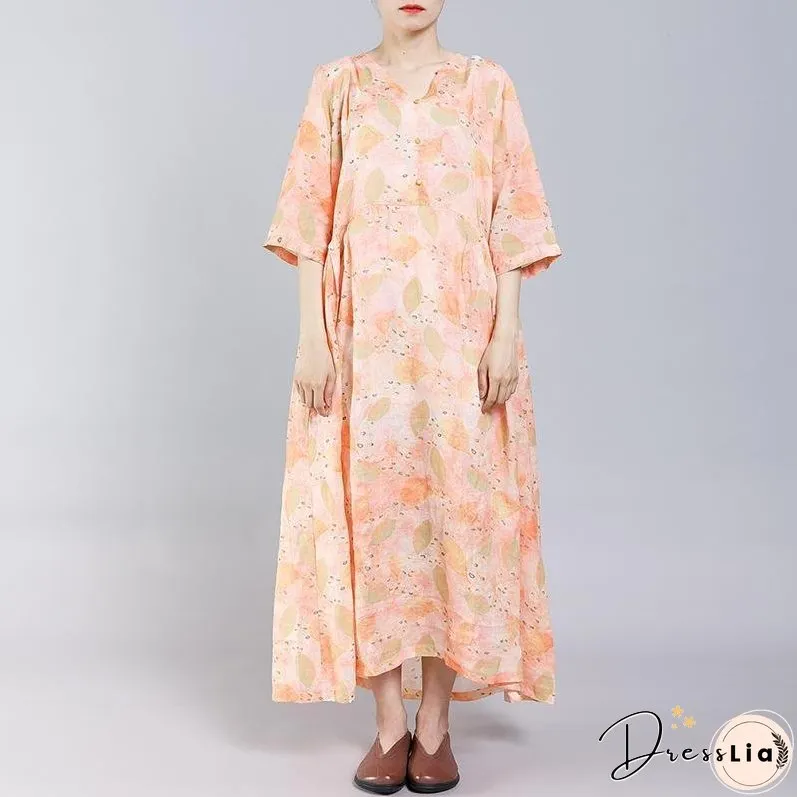 Print V-Neck Button Casual Women Dress