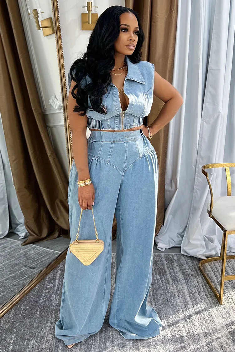 Zip-Up Vest High-Rise Quilted Wide Leg Pants Denim 2pcs Set-Blue [Pre Order]