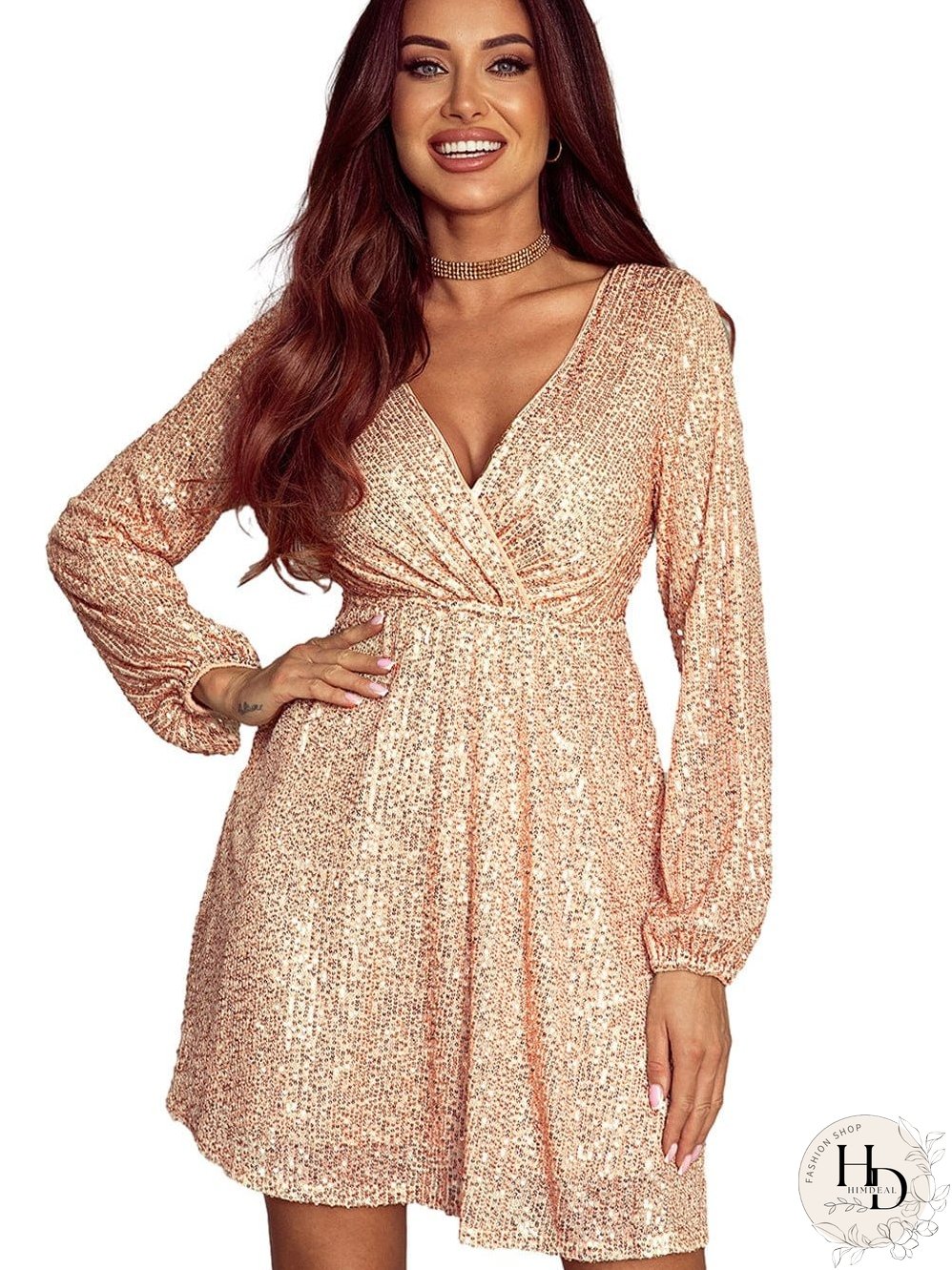 Shimmering Apricot V-neck Sequin Mini Dress