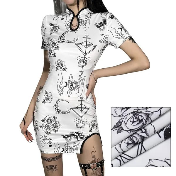 Womens Vintage Cheongsam Print Dress floral white short sleeve high waist skinny mini
