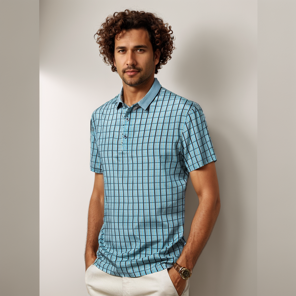 Chemise en soie à carreaux à manches courtes pour hommes- SOIE PLUS