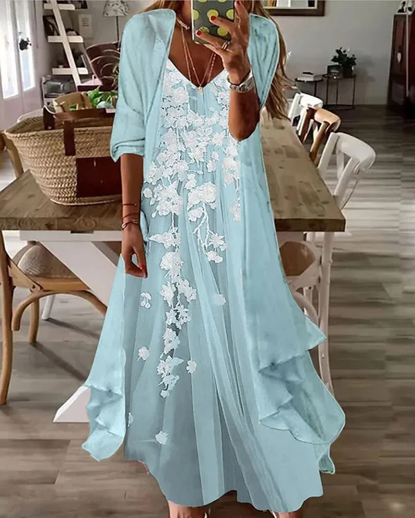 Fake Two-piece Half-sleeve Printed Pleated Casual Sexy Dress
