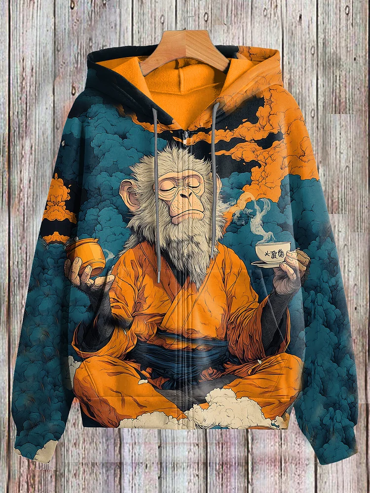 Women's Japan Monkey Taoist Robe Tea Drinking Art Hooded Zip Up Jacket