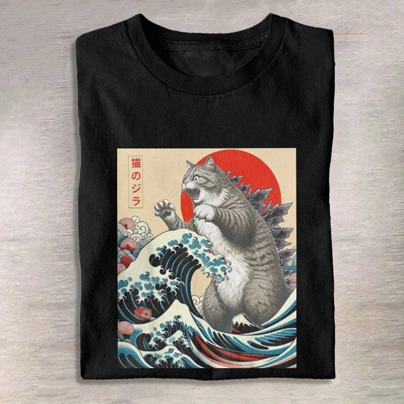 Japanese Cat Print Short Sleeved T-Shirt