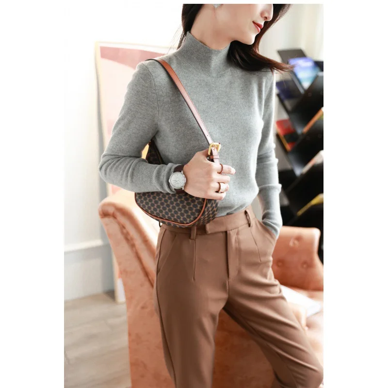 Uveng Uveng Simple Knitted Shirt Inside The Woolen Sweater Thicker Half-High Collared Shirt Sweater Women's Autumn And Winter Top