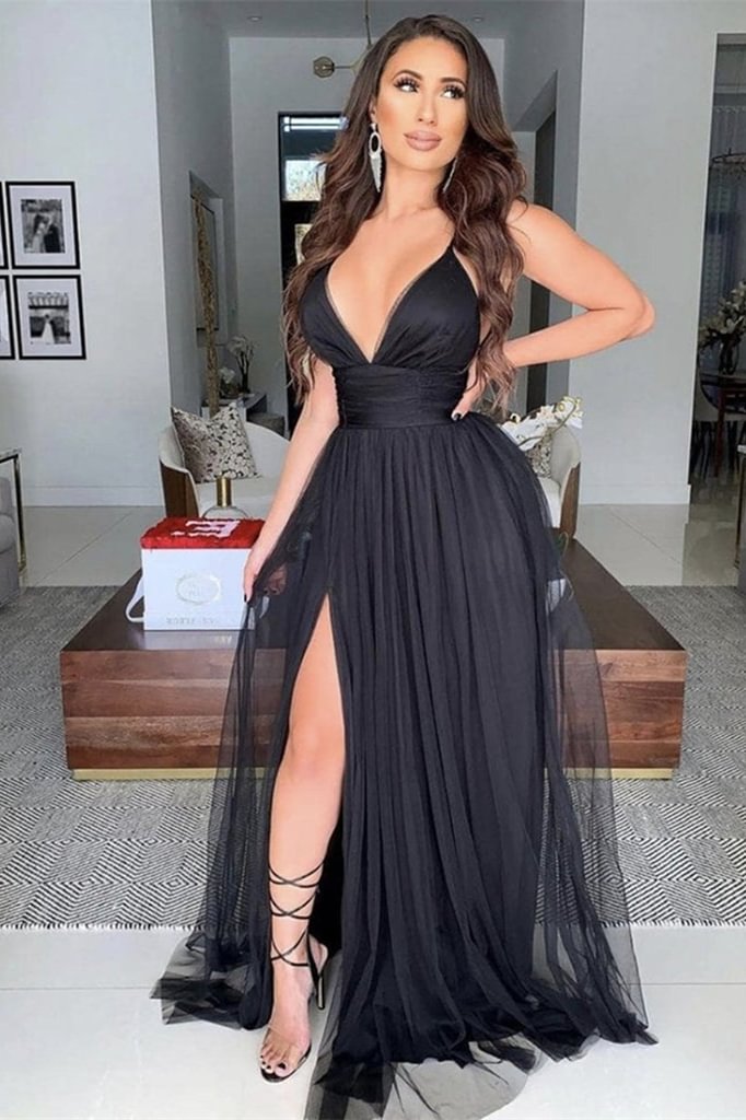 Bellasprom Black Prom Dress Split Tulle Long V-Neck