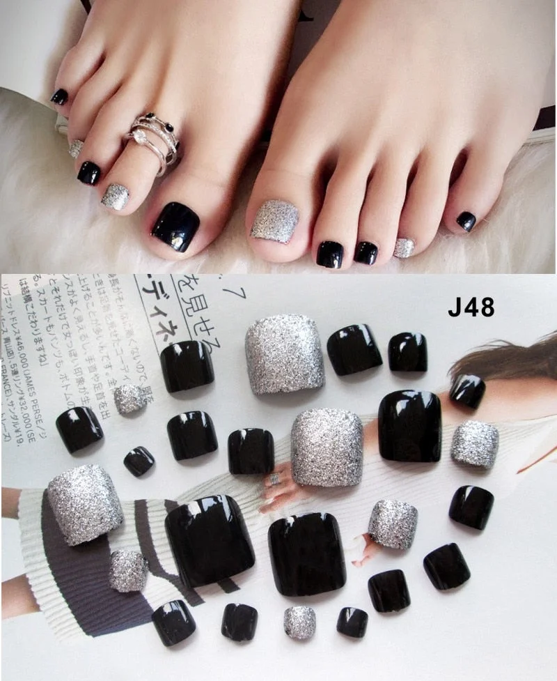 24 Pcs/Set Fresh Style Toe Fake Nails 3D Foot Full Toes Nail Art Tips False Nails  for Lady Girls Toenails Press on Nail-Nail Inspo