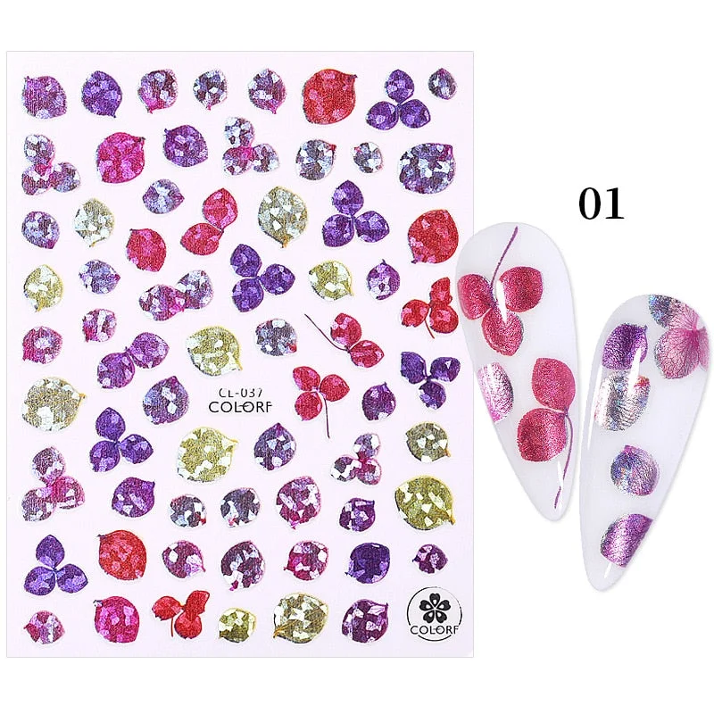 1PC 3D Nail Stickers Fan Leaf Dried Flower Shiny Sliders Nail Art Decorations Lucky Clover Pattern Foil Nail Art Manicure