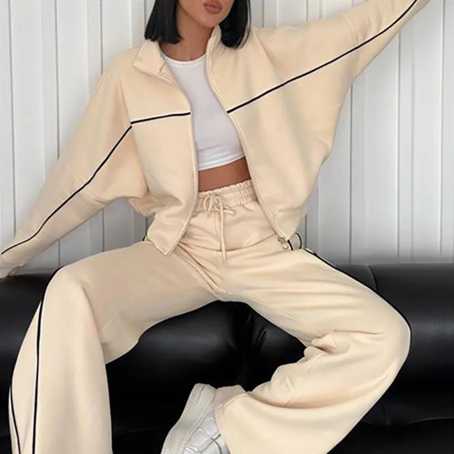 Casual Set Long Sleeve Half High Neck Cardigan Sweatshirt Lace Up Striped Pants