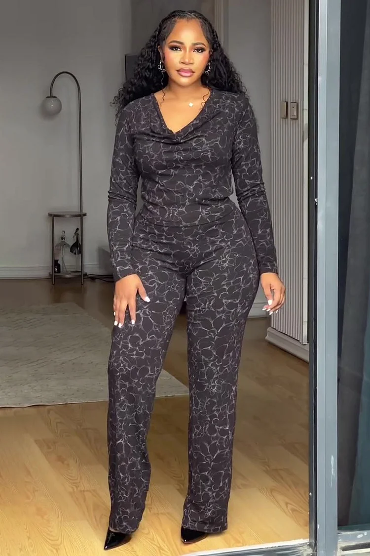 Cowl Neck Long Sleeve Top Print Wide Leg Pants 2pcs Set-Black [Pre Order]