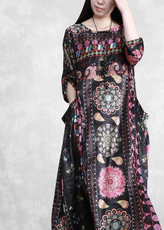 Bohemian Black Print Dress O Neck Pockets Plus Size Dress