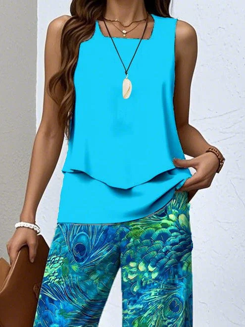 Women's Sleeveless Square Collar Floral Printed Casual Set
