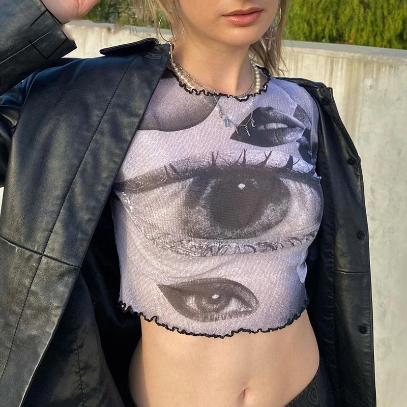 Printed Crop Top y2k Fashion T Shirt Mesh Transparent Tshirt Women Vintage Frill Pulovers Harajuku Tee Streetwear 90s