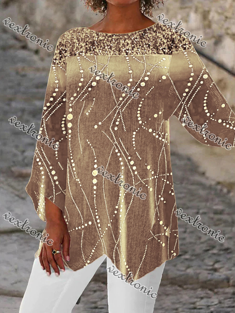Women 3/4 Sleeve Scoop Neck Printed Stitching Women Tops