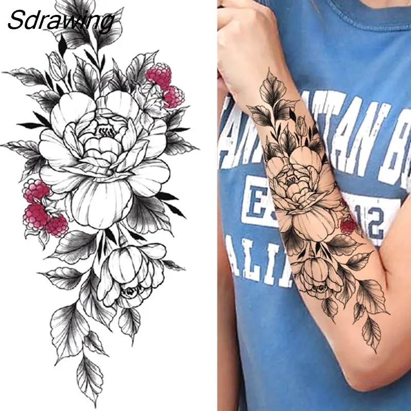 Sdrawing Fake Peony Temporary Tattoos For Women Girl Black Rose Elephant Flower Tattoo Sticker Tiger Anemone Tatoos Half Sleeve 1020-0