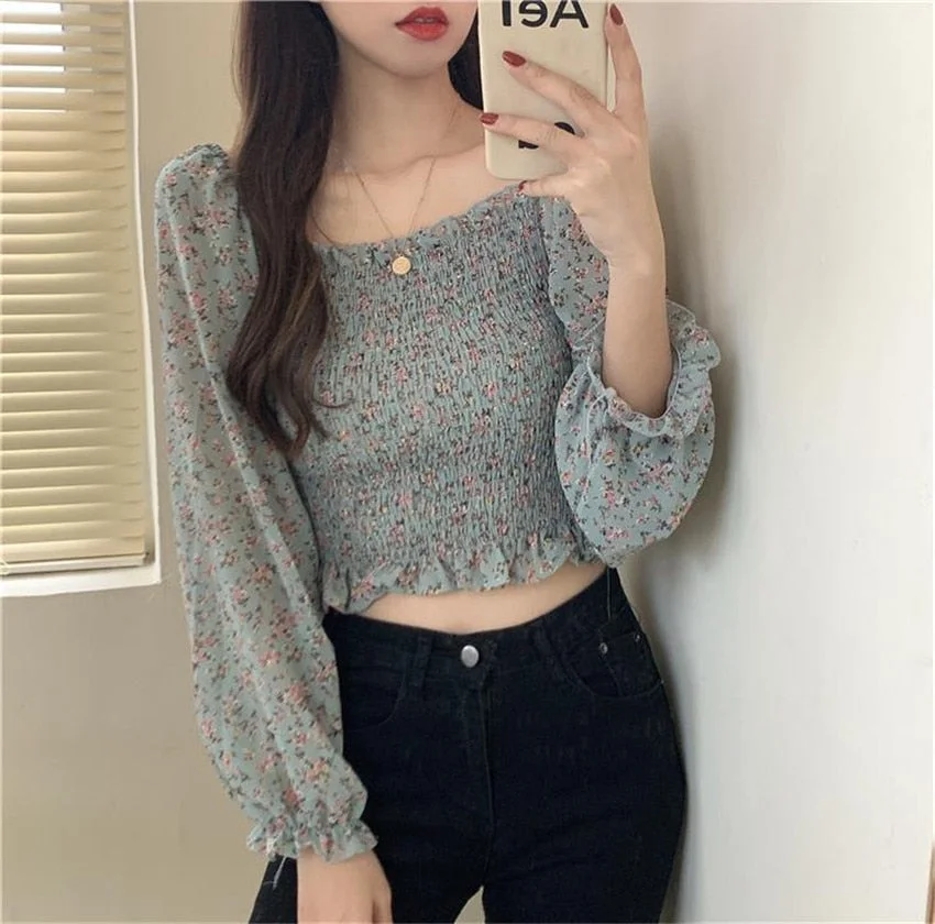 Korean Floral Print Crop Top Harajuku Women 2021 Summer Off Shoulder Flare Sleeve Tee Shirt Femme Blusas Feminina Verao 2021