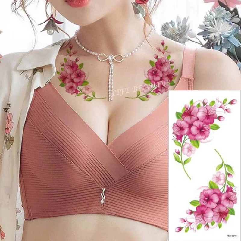 Sdrawing Temporary Flower Tattoos Women Fashion Beauty Rose Butterfly Flash 3D Fake Tattoo Arm Sleeve Pink Blue Sticker Girl