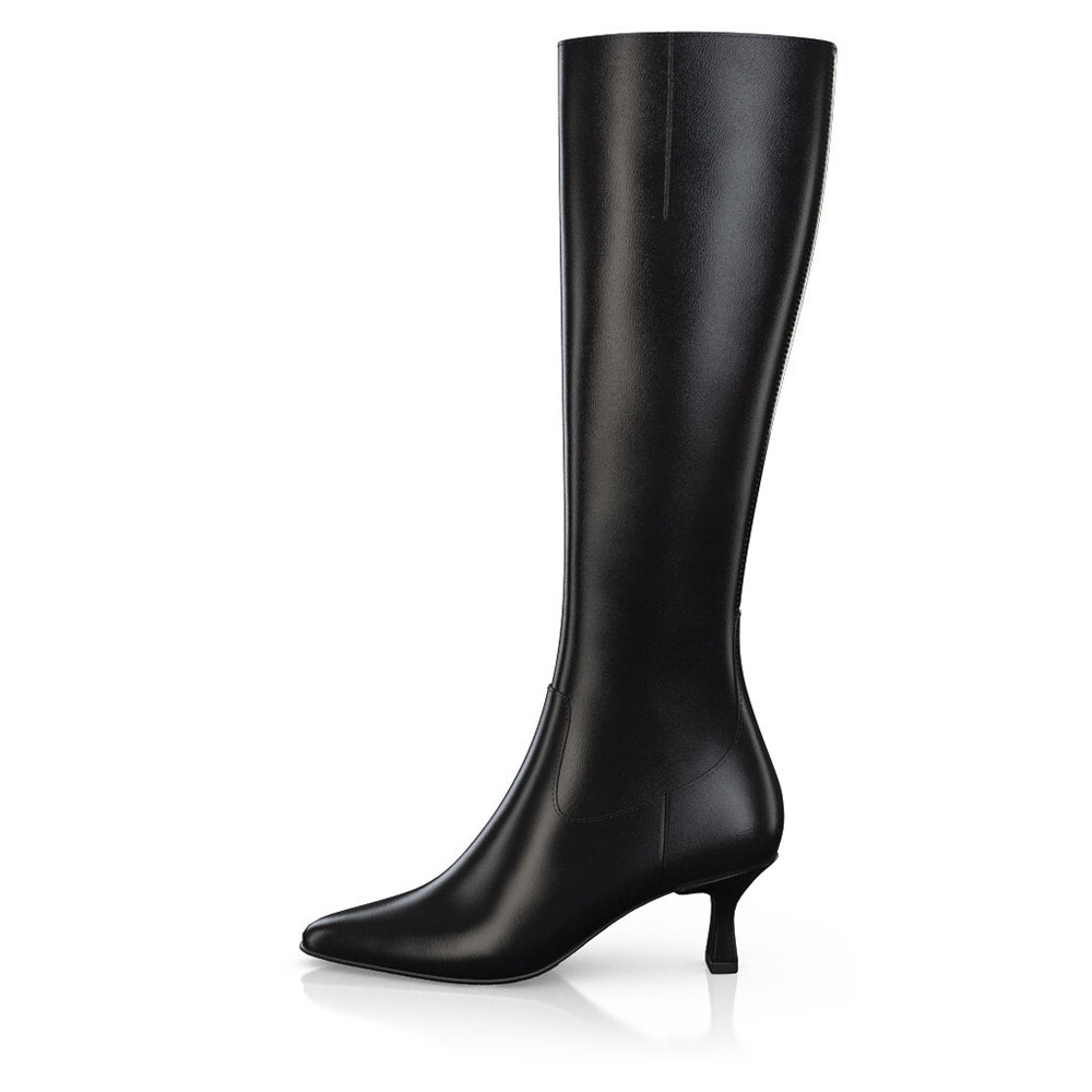 Black Pointed Toe Kitten Heel Side-Zip Knee-High Boots Nicepairs