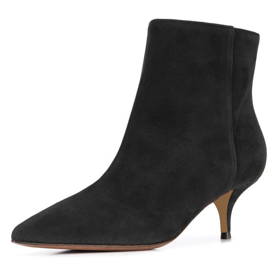 Black Vegan Suede Pointed Toe Boots Kitten Heel Booties for Women
