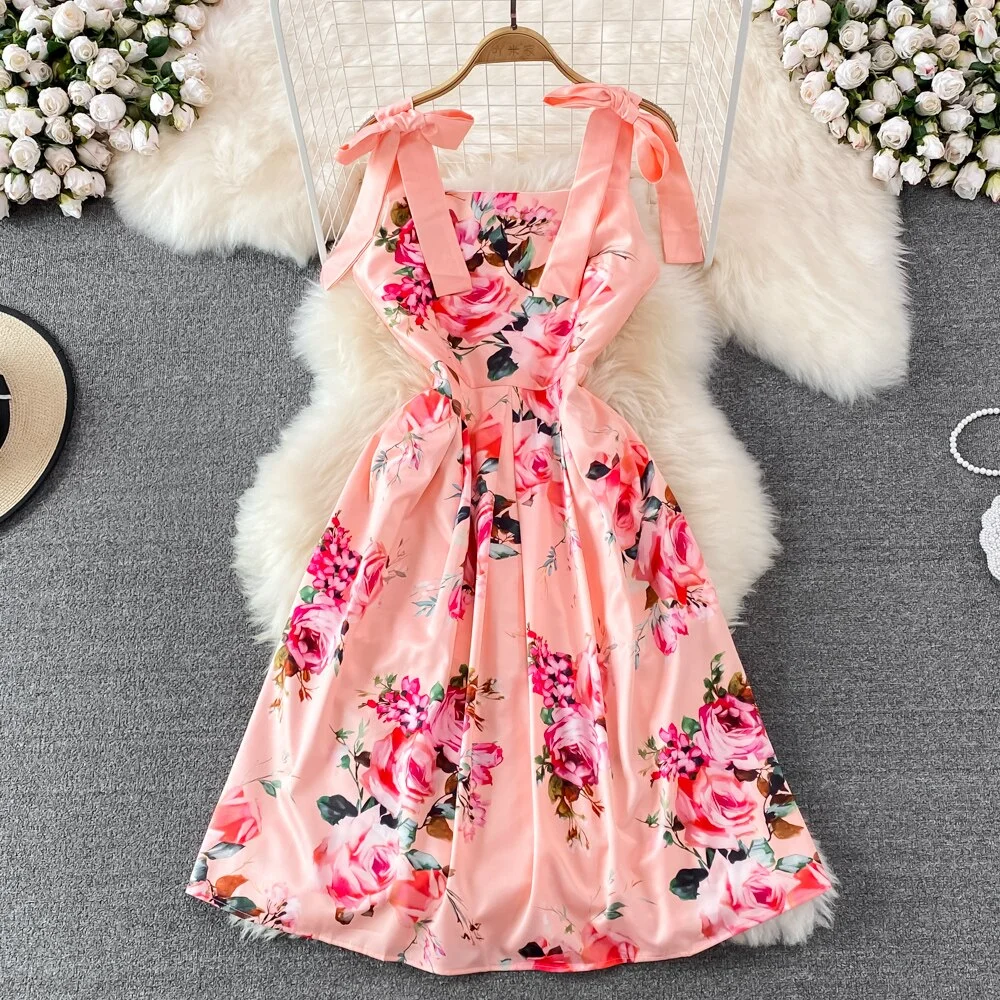 Uveng Runway Summer Bow Tank Dress 2025 New Women's Spaghetti Strap Backless Palace Floral Print Holiday Beach Dress N66878 413-0