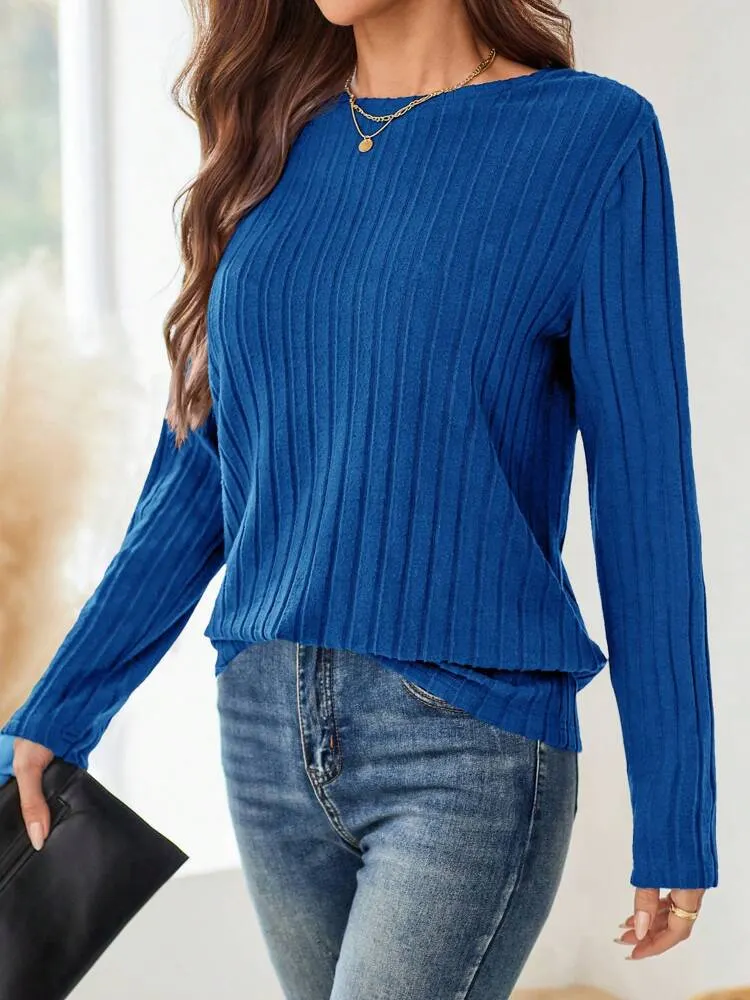 Fall Women Clothes Dark Blue Round-Neck Long-Sleeve T-Shirt For Autumn
