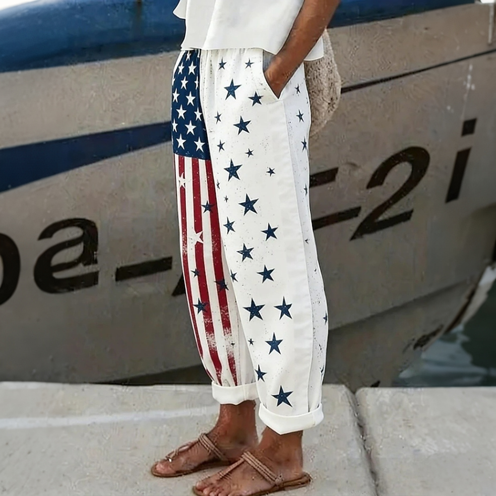  Women's Independence Day Flag Art Print Linen Blend Casual Trousers Westsshops