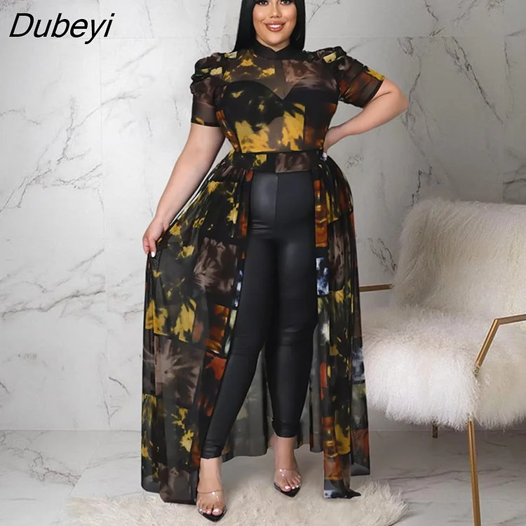 Dubeyi Plus Size Women Elegant Tie Dye Leaf Print High Low Maxi Mesh See Though Dress 2023 Summer Puff Short Sleeve Long Dress