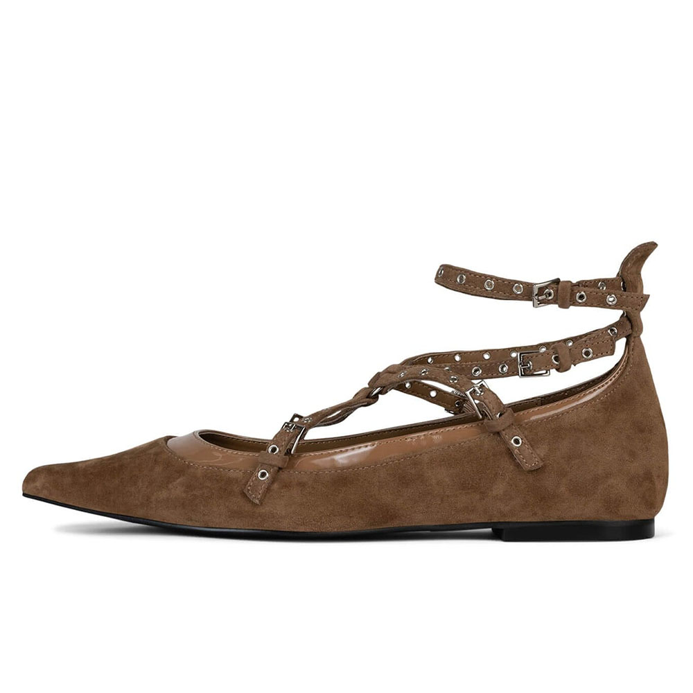 Brown Pointed Toe Buckle Strappy Ballet Flats with Bow Nicepairs