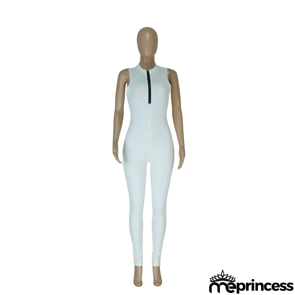 Women Spring Casual Ribbed Sleeveless Zip Jumpsuit