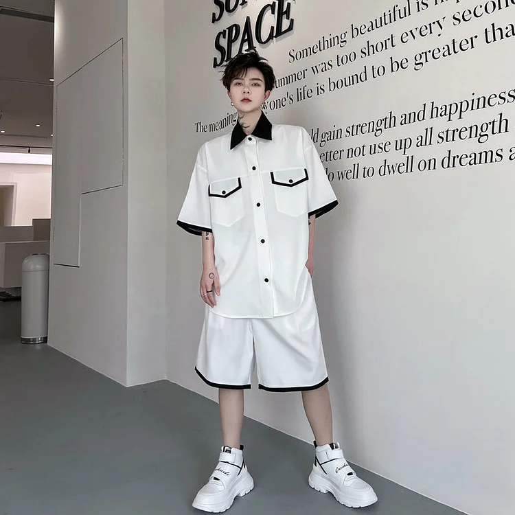 Dawfashion Techwear Streetwear-Summer Contrast Paneled Casual Short-sleeved Shirt Set Suits-Streetfashion-Darkwear-Techwear