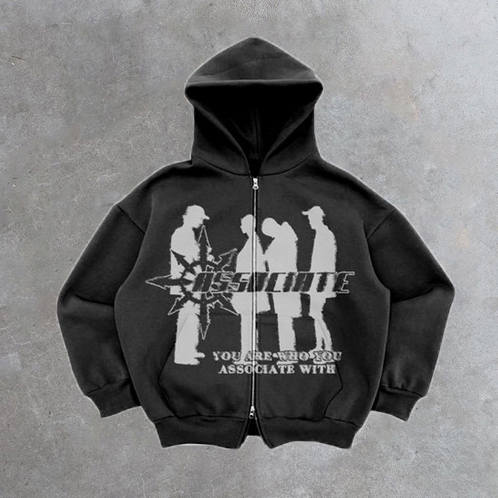 Relaxed Vintage Associate Shadow Graphic Casual Street Hip Hop Oversized Zip Up Hoodie