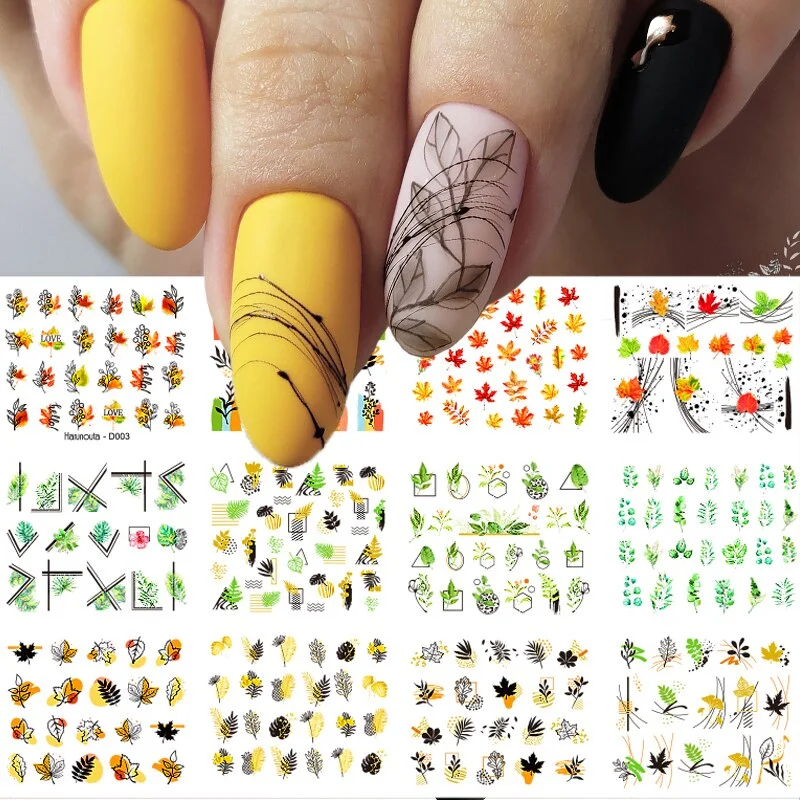 Harunouta 12pcs Simple Green Theme Water Decal Sticker Flower Leaf Tree Summer DIY Slider For Manicuring Nail Art Watermarks