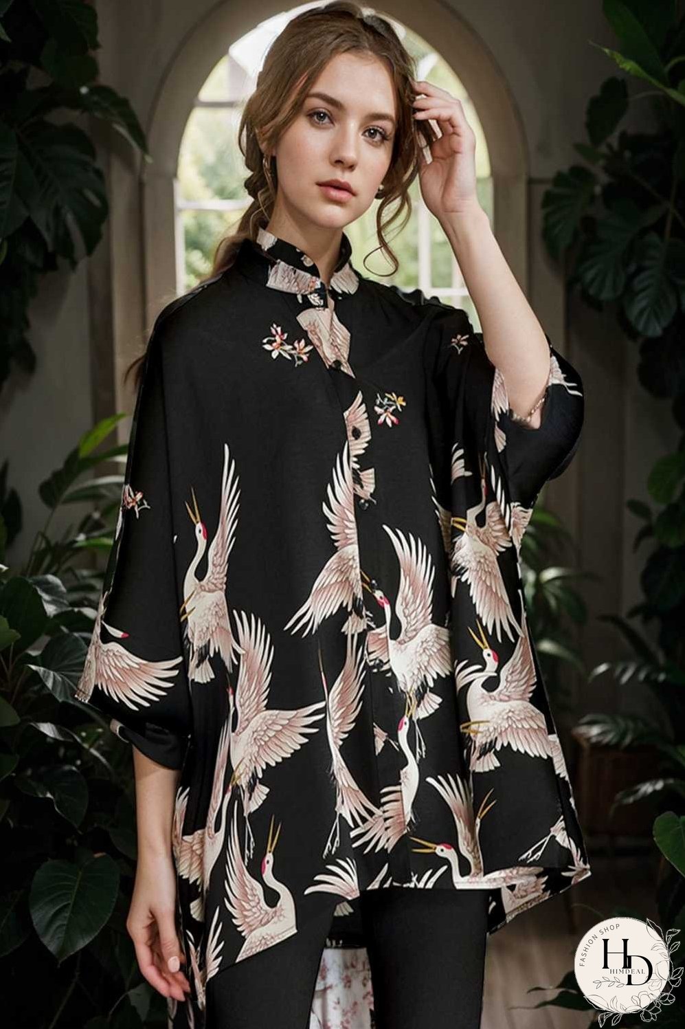size curve blouses crane print loose oversized blouse