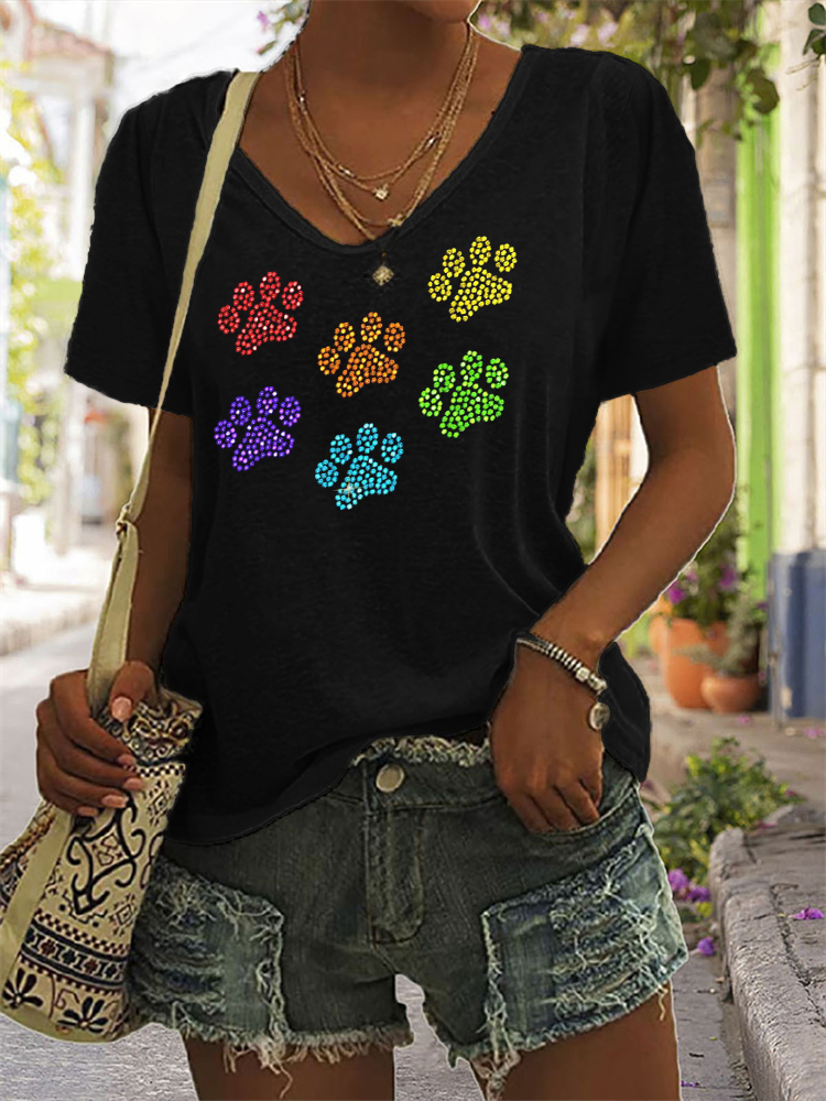 wearshes Glitter Rainbow Paw Prints V Neck T Shirt