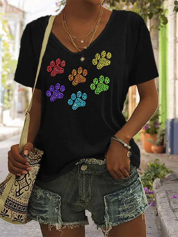 Glitter Rainbow Paw Prints V Neck T Shirt
