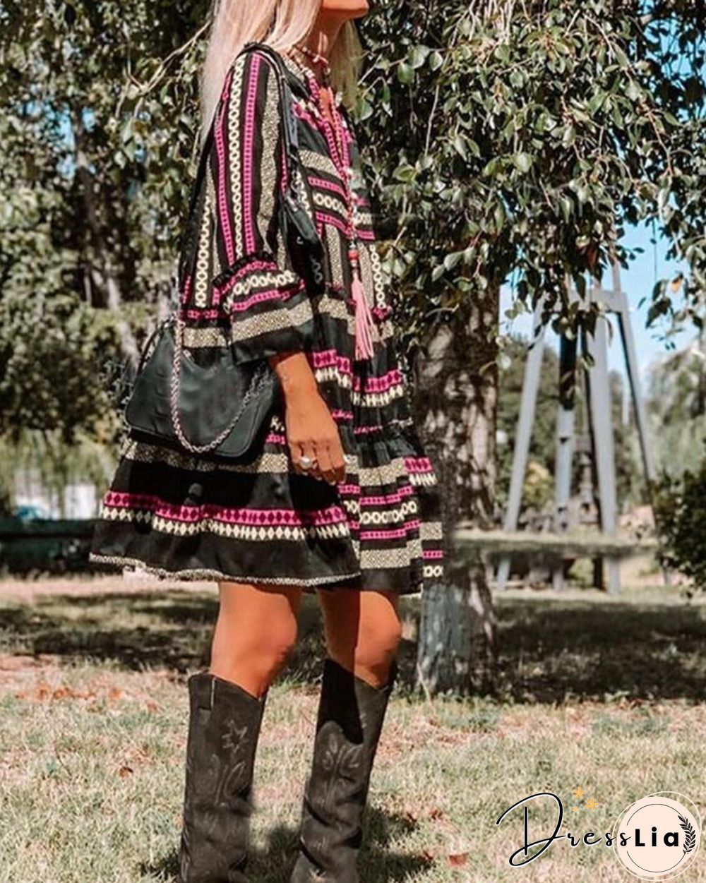 Geometric Print Flared Sleeve Mini Dress P12100