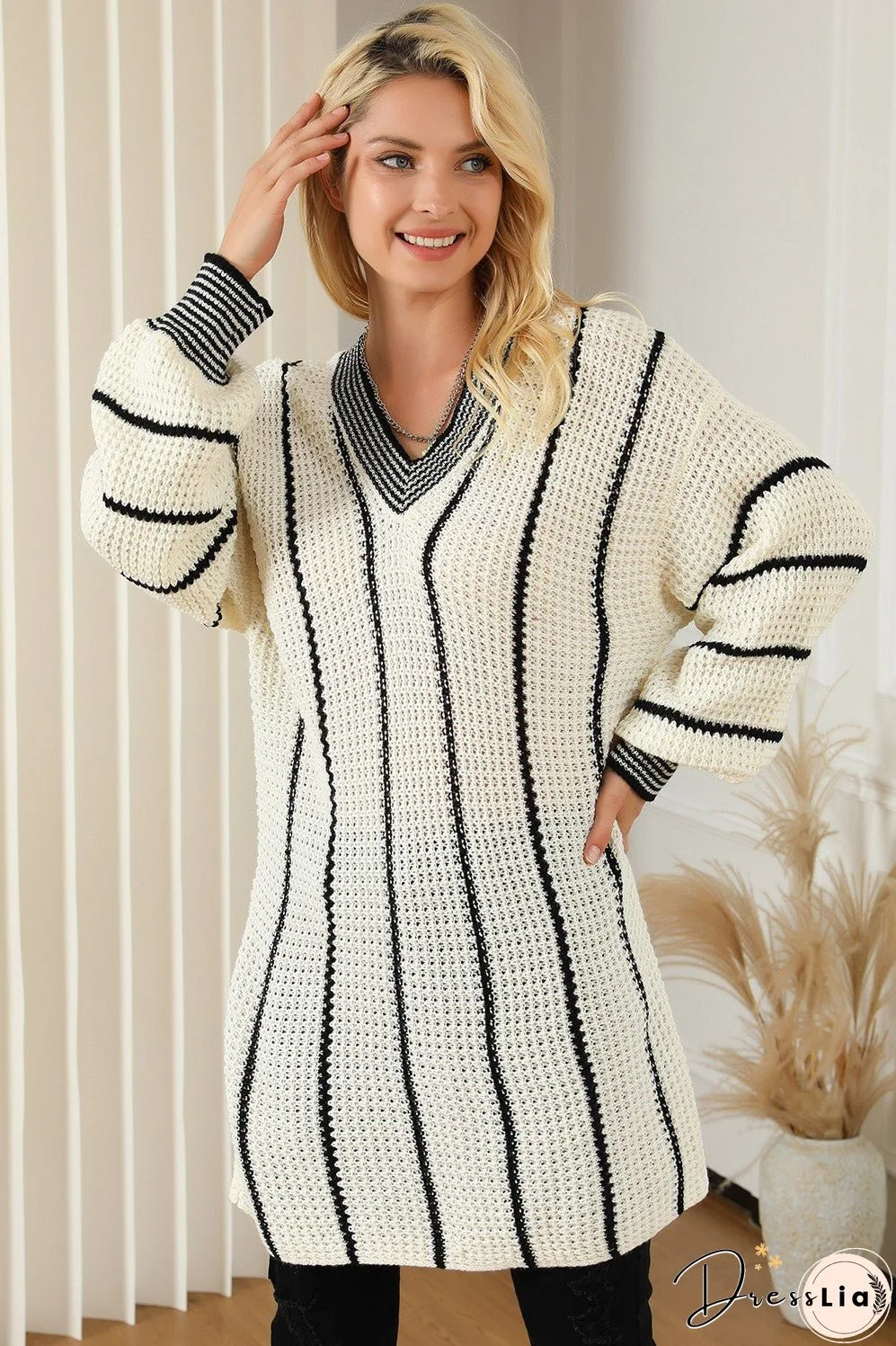 Striped V-Neck Dropped Shoulder Sweater