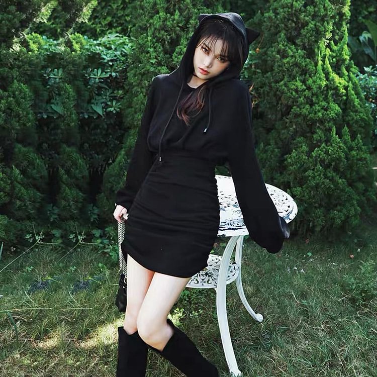 Fantasy Cat Embroidery Sheath Hoodie Dress