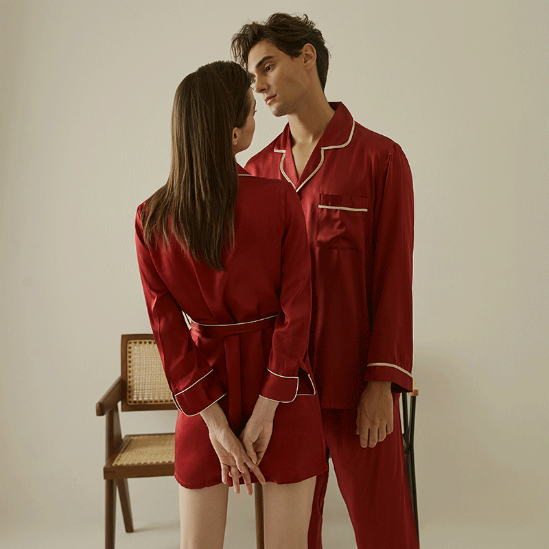 22MOMME Pyjama en soie rouge classique couple- SOIE PLUS