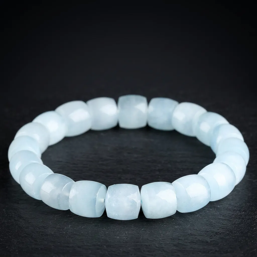 JiStones Glacier Blue Natural Aquamarine Barrel Bead Bracelet Signature Blue (Grade 5A)-11x12mm (Bold)