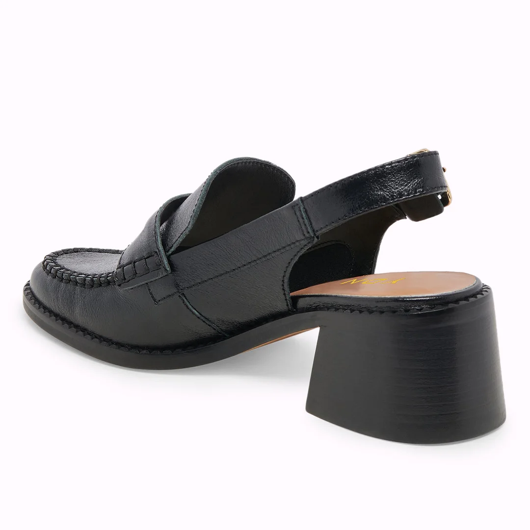 Vegan Leather Buckle Slingback Black Loafers with Block Heel