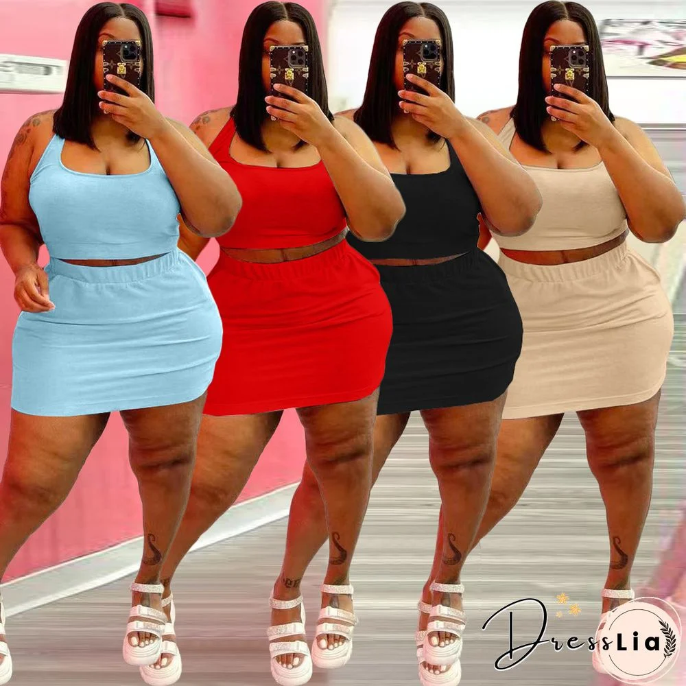 Plus Size Summer Solid Women Square Neck Sleeveless Crop Top+Elastic Waist Mini Skirt 2 Piece Set