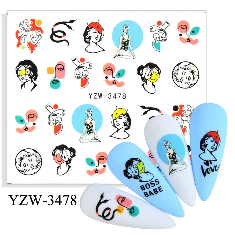 1 Sheet Human Face Nail Stickers And Decals 2021 Nail Art Decorations Set Geometric Pattern Dried Flowers Sliders For Nails Art-Nail Inspo
