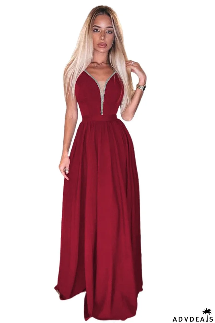 Rhinestone Side Split Deep V Neck Maxi Dress