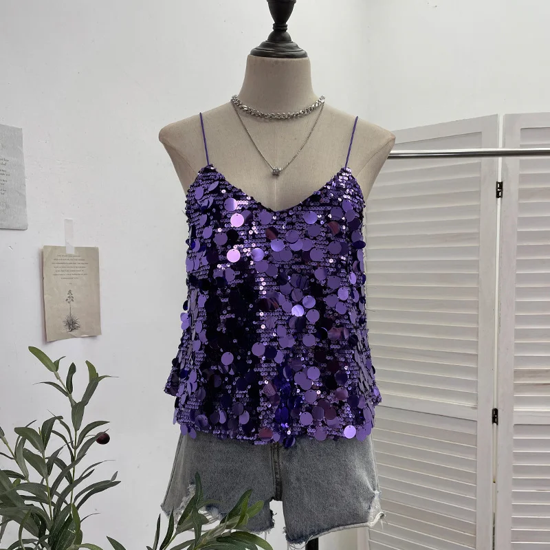 Nigikala Nigikala Shoot Hottie Sexy Night Club Heavy Bling Flash Shiny V Tie Sling Vest Sleeveless Top 3032