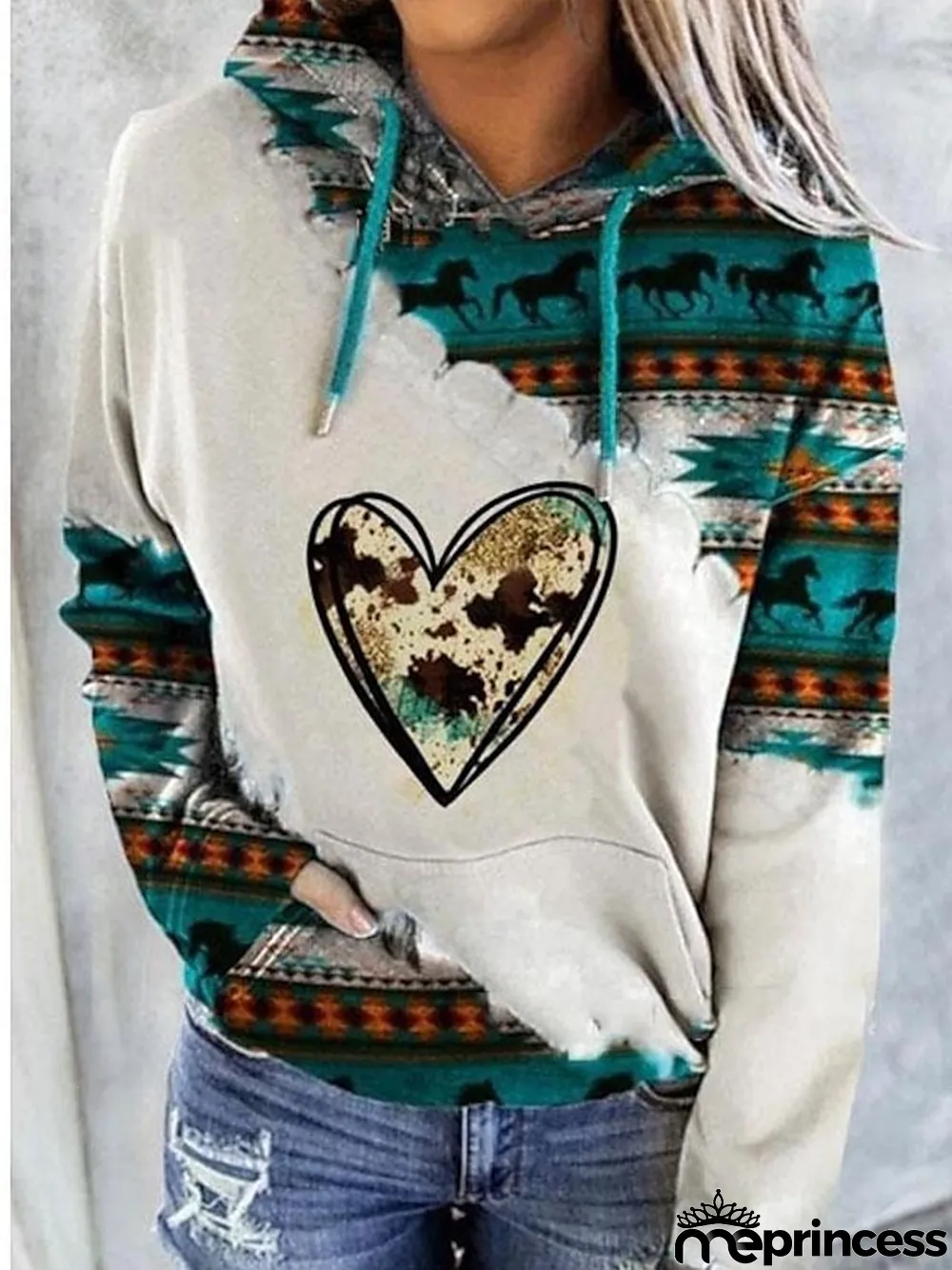 Women's Hoodie Sweatshirt Pullover Geometric Vintage Ethnic Street Casual Front Pocket Red Blue Green Vintage Ethnic Neon & Bright Hoodie Long Sleeve Top Micro-elastic Fall & Winter