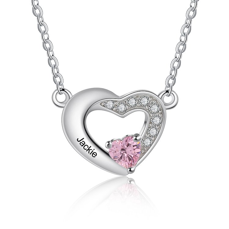 Collar colgante de corazón con 1 nombre personalizado con 1 piedra de nacimiento