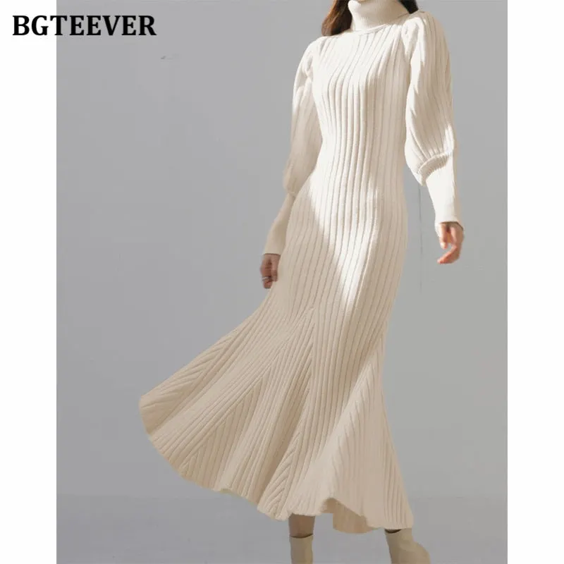 BGTEEVER Autumn Winter Turtleneck Women Knitted Dress 2020 Elegant Thick Full Sleeve Slim Mermaid Vestidos Femme