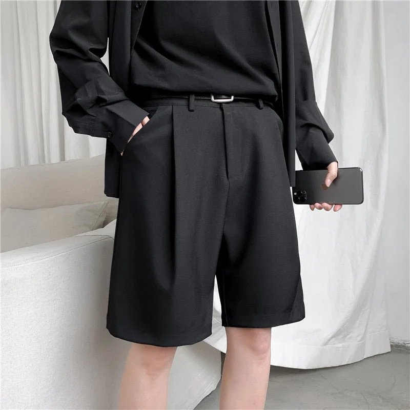 Woherb Korean Men's Shorts Straight Fit Knee-Length Suit Pant Solid Beige Black Summer Clothing Student Thin Loose Casual Mens Shorts